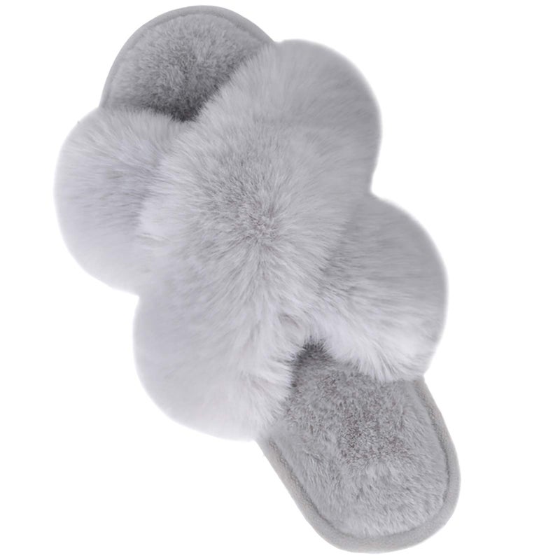 Parlovable Women's Fuzzy Slippers Comfy Cross Band House Shoes Memory Foam Open Toe Indoor Gifts for Ladies Grey 9-10 - Image 1
